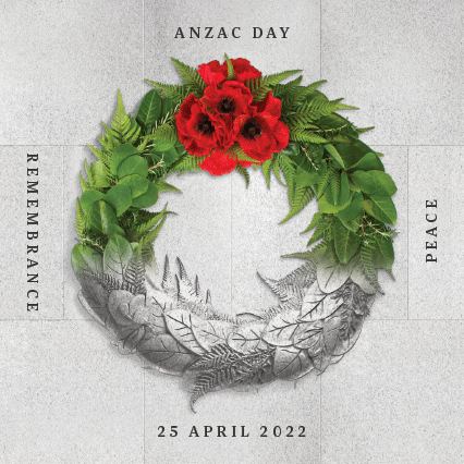 Wreath with the word Remembrance, Anzac Day and Peace and  25 April 2022