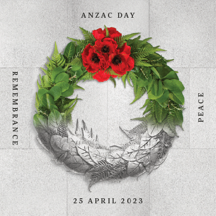 Wreath with the word Remembrance, Anzac Day and Peace and  25 April 2023