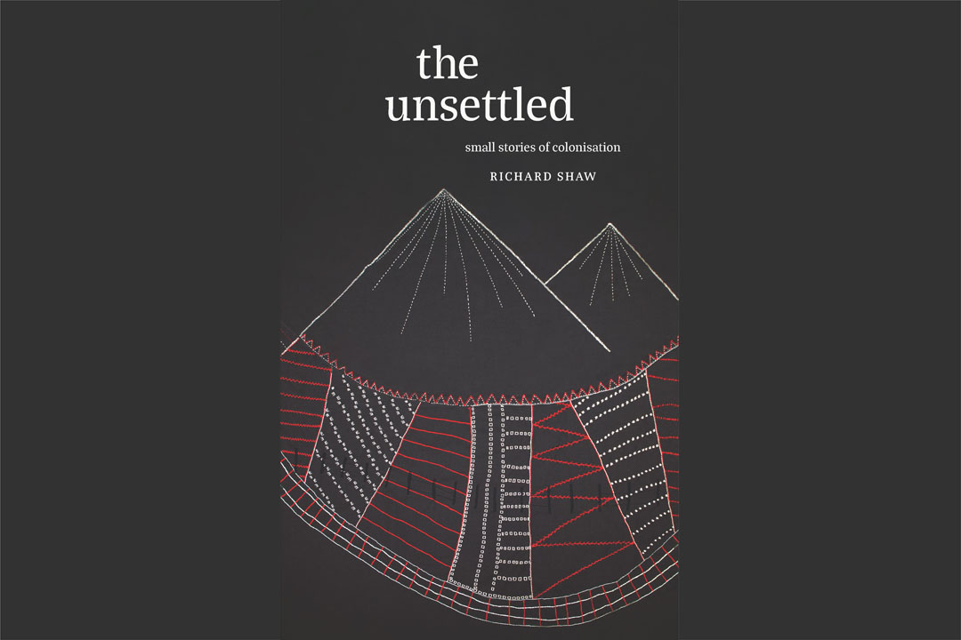 Book cover for 'The Unsettled' black background with line drawing. 