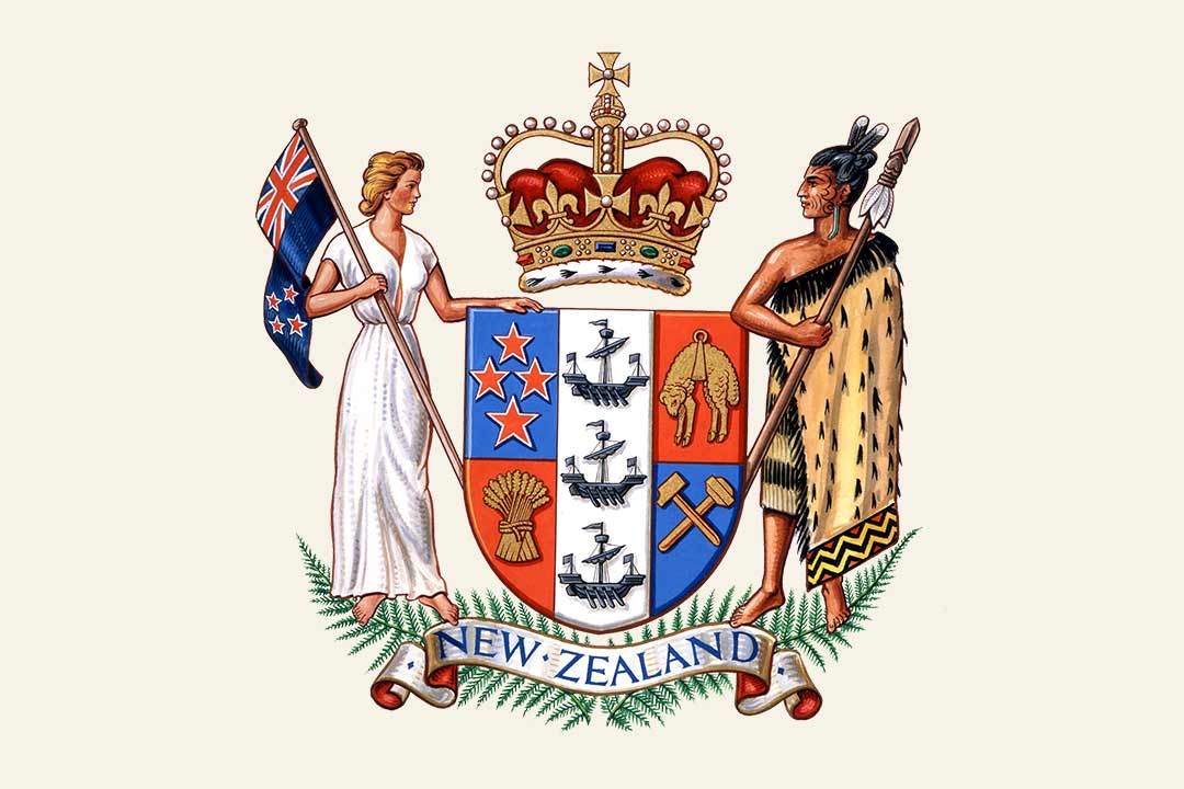 Coat of arms of New Zealand, includes a shield topped by a crown with a Pākehā woman an Māori man on either side