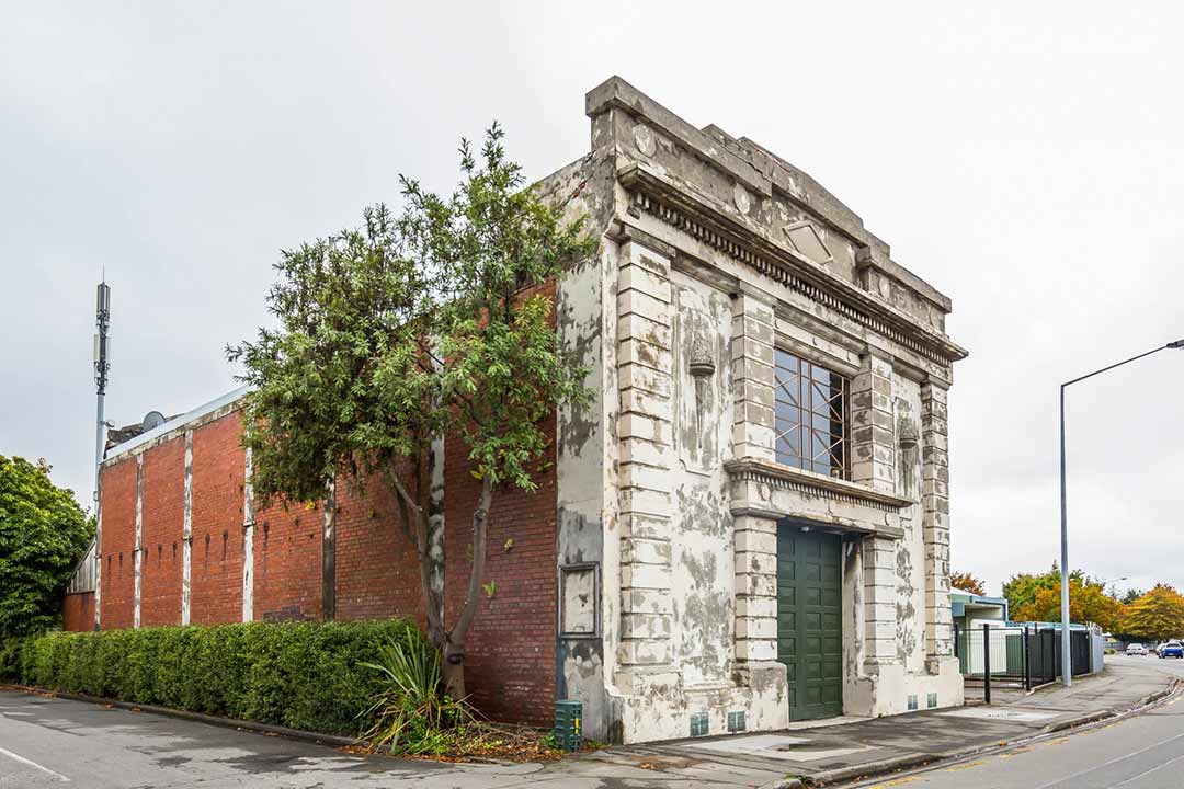 Side angle of an old stone front building in Milton Street, Chirstchurch. 