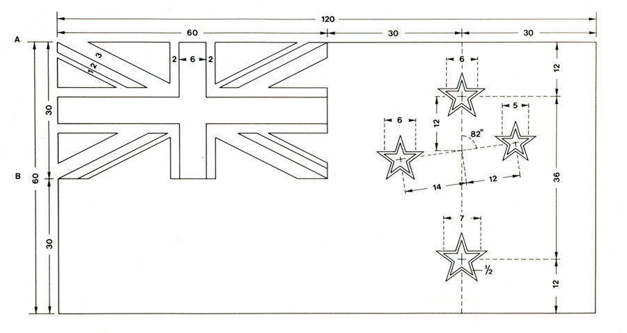 A drawing of a flag show relative proportions of union jack and stars to the overall flag