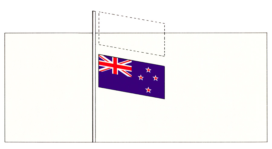 New Zealand flag shown a flag-height's distance below the top of the flagstaff