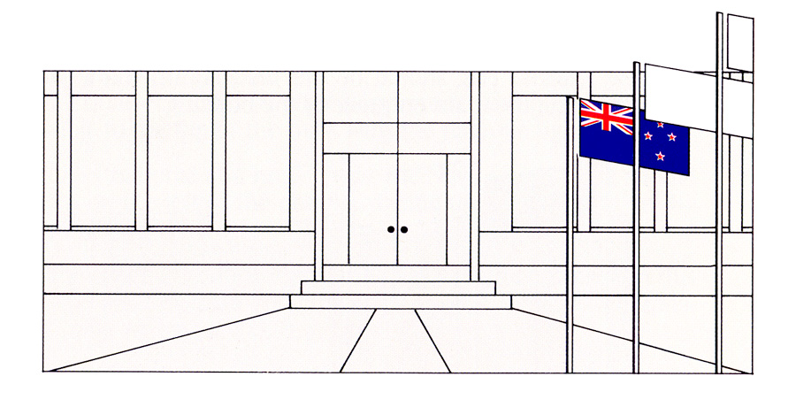 Three flags to the right of a building entrance with NZ flag closest to building
