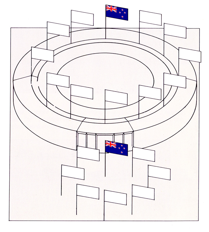Enclosed circle of flags showing New Zealand flag opposite entrance of venue