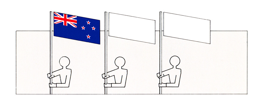 Three figures walking while  holding flags on pikes, the New Zealand flag is on the left
