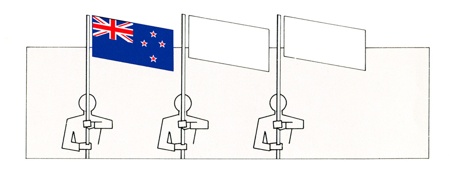 Three figures holding flag pikes facing the viewer with New Zealand flag on left