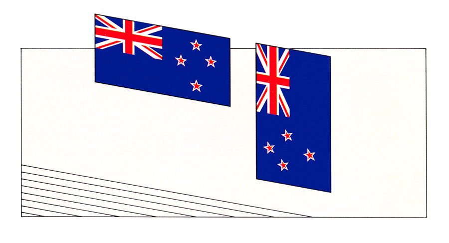 New Zealand flag displayed against wall and hanging with Union Jack top left in both instances