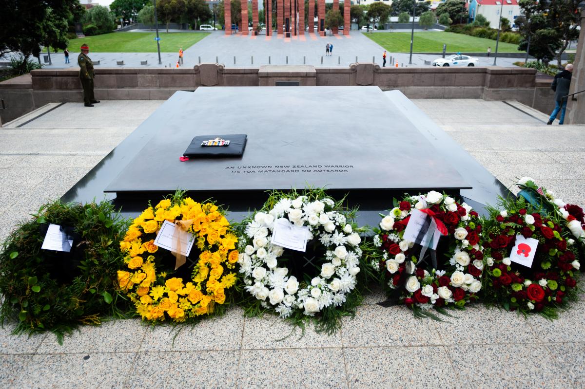 Floral wreaths on the Tomb of the Unknown Warrior on Armistice Day 2023