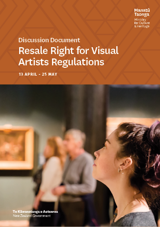 Cover of Resale Right for Visual Artists report with people looking at art in a gallery