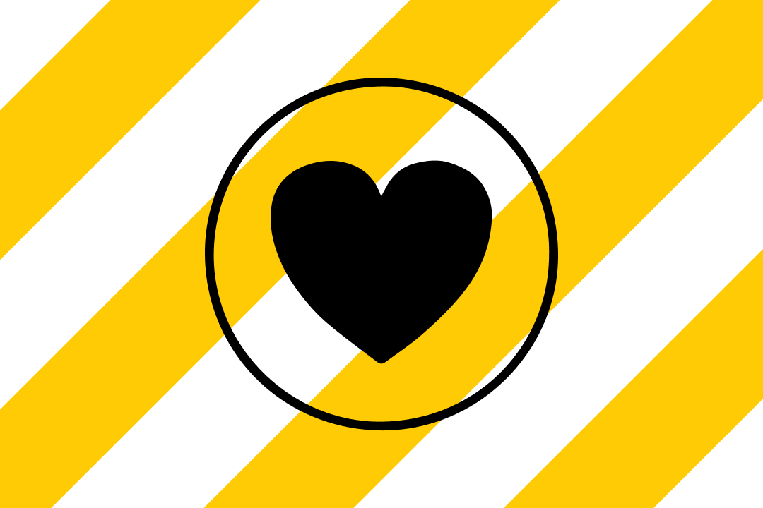 A black heart with yellow stripes in the background