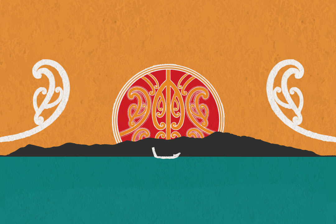 Artwork showing a waka floating in front of an island. A large sun decorated with koru is rising behind the island.