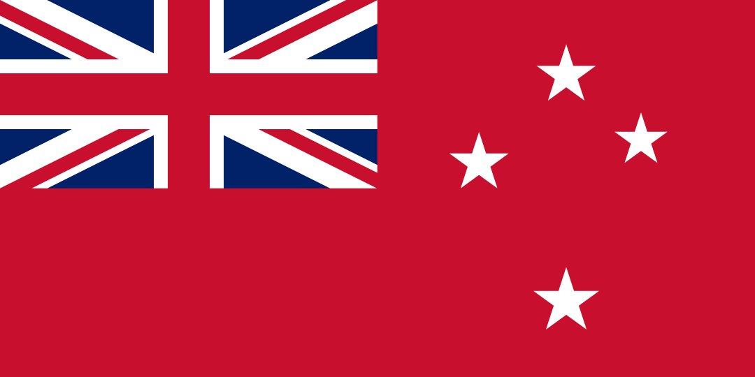 The New Zealand flag with red instead of blue background, white stars on the bottom right and the union jack top left.