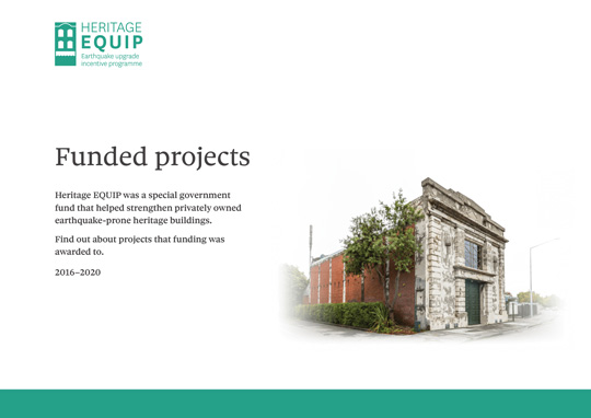Publication cover page. There is text that reads 'Heritage EQUIP Funded projects' with an image of a heritage building. 