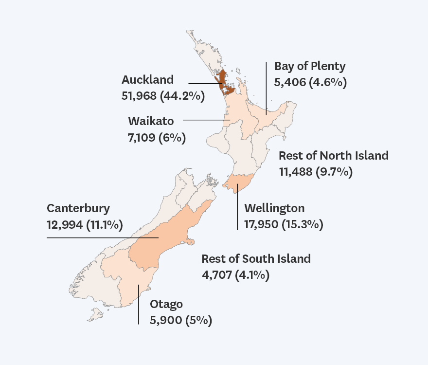 Map showing percentages in each region as described in the preceding text
