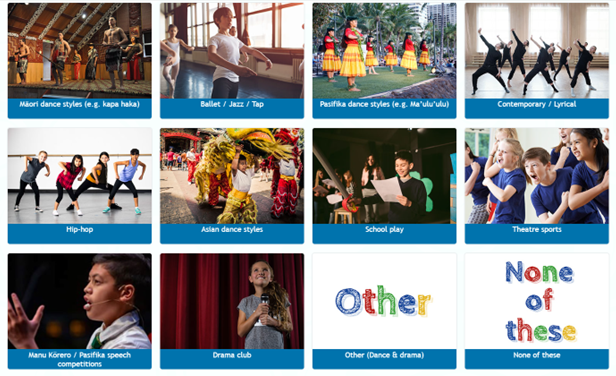 Grid of images showing children taking part in various activities including dance