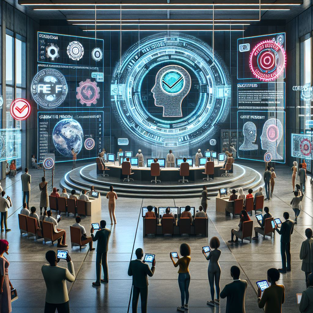 Futuristic vision of people with tablets and computers looking at large screens with symbols on them