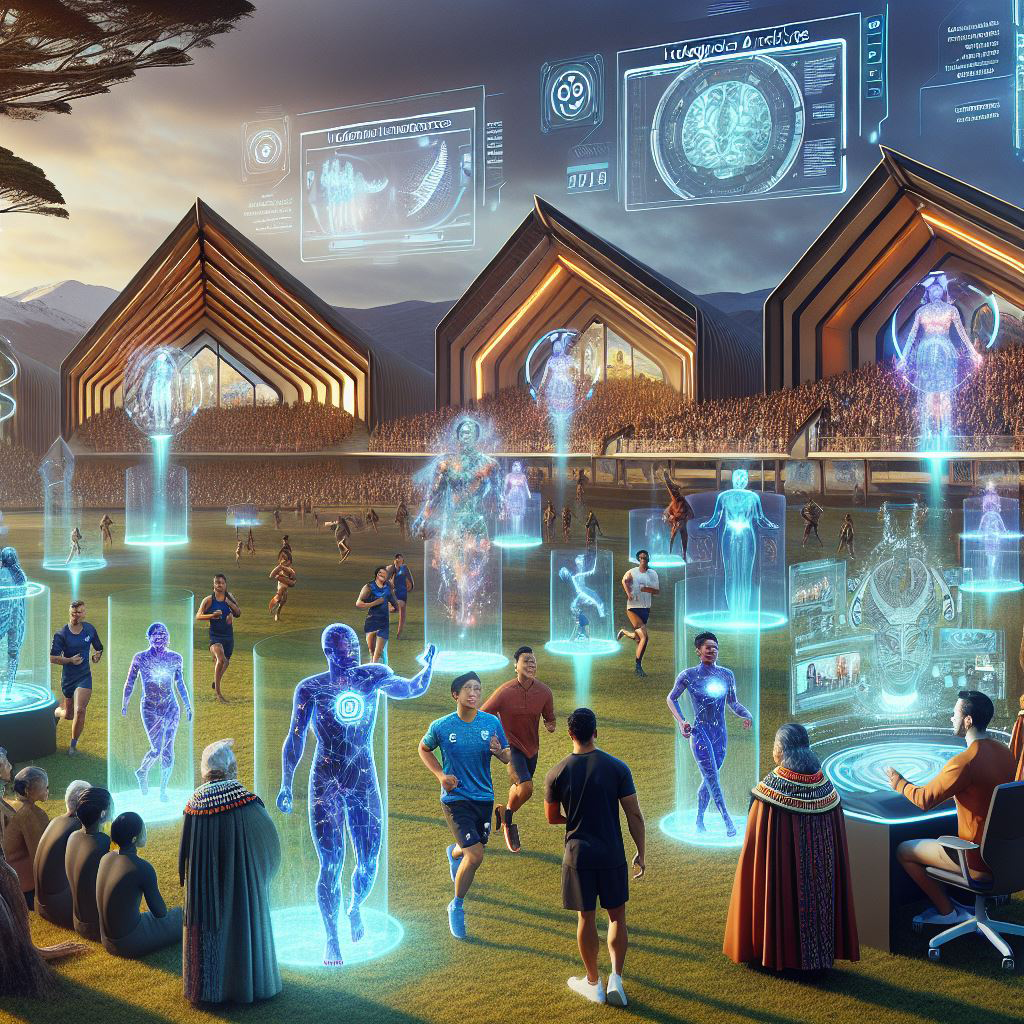 People outside on paddock with hologram-type figures and control booth