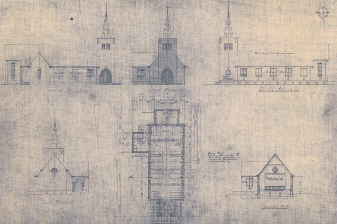 Architectural plans showing floorplan and dimensions of church