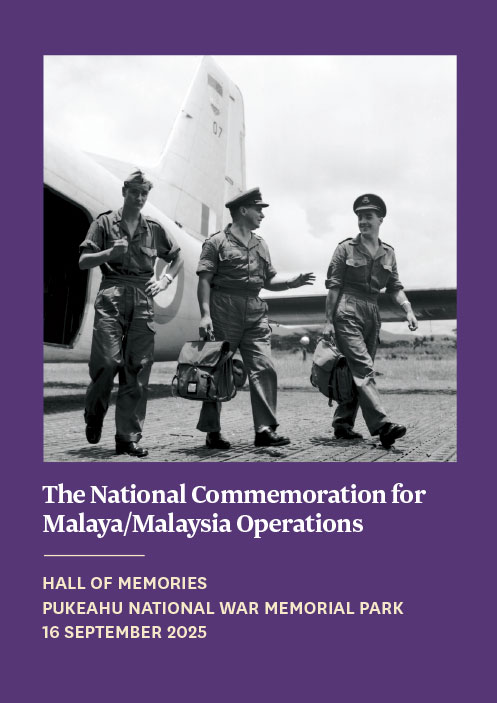 Purple booklet cover with a black and white photo of crew walking away from an aircraft and text below that reads 'The National Commemoration for Malaya/Malaysia Operations