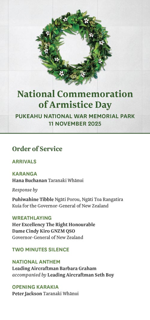 A printable order of service flyer. A circular wreath made of leaves is at the top of the page above the text 'National Commemoration of Armistice Day', followed by text listing the order of service.