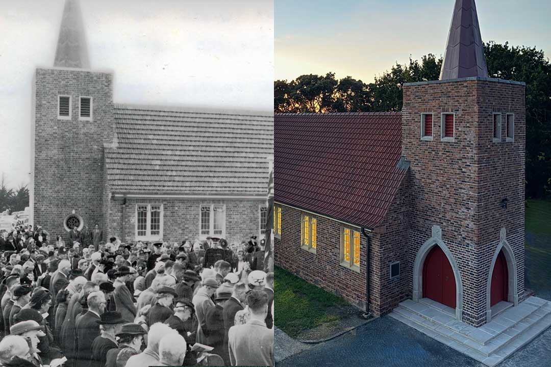 Historic black and white photograph of church next to modern colour version of same church