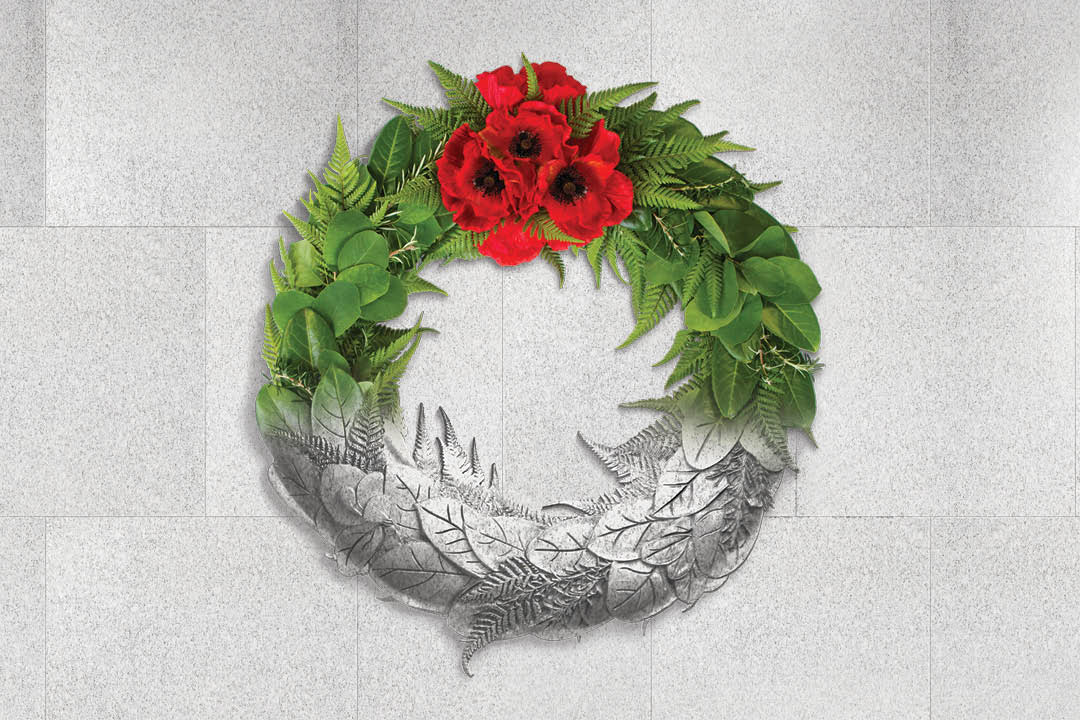 Red and white wreath set against grey background with the words Anzac Day Te Rā o Ngā Hōia above it
