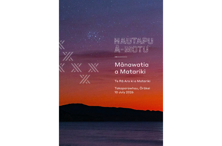 Cover of Manawatia a Matariki programme showing stylised stars in orange sky over ocean