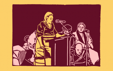 Lino cut print of a woman speaking at a microphone.