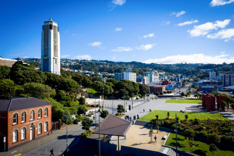 Aerial view showing memorial tower, park and country memorials from Tory Street
