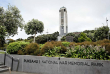 View of Pukeahu wall with the trees and the Carillon Tower in the background