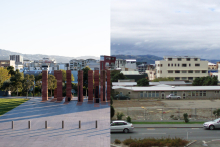 Two photos side by side featuring Pukeahu Park in 2015 and 2025