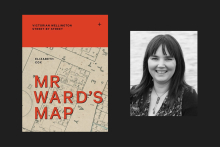 Two Images - Mr Ward's Map book cover on the left and a black and white head shot of Elizabeth Cox on the right