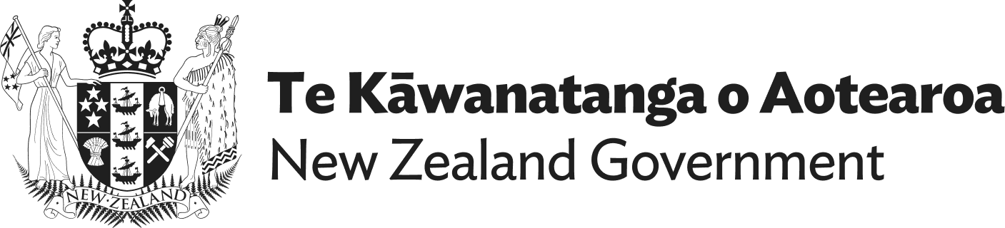 New Zealand Government logo, crest with a shield two figures and a crown, and text reading: New Zealand Government. Te Kāwanatanga o Aotearoa